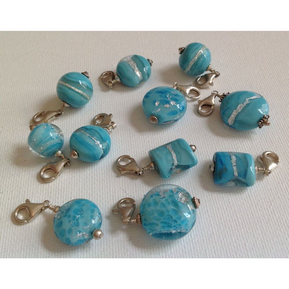 Turquoise Blue Murano Glass Bead set Bracelet Charms - Accent Sterling